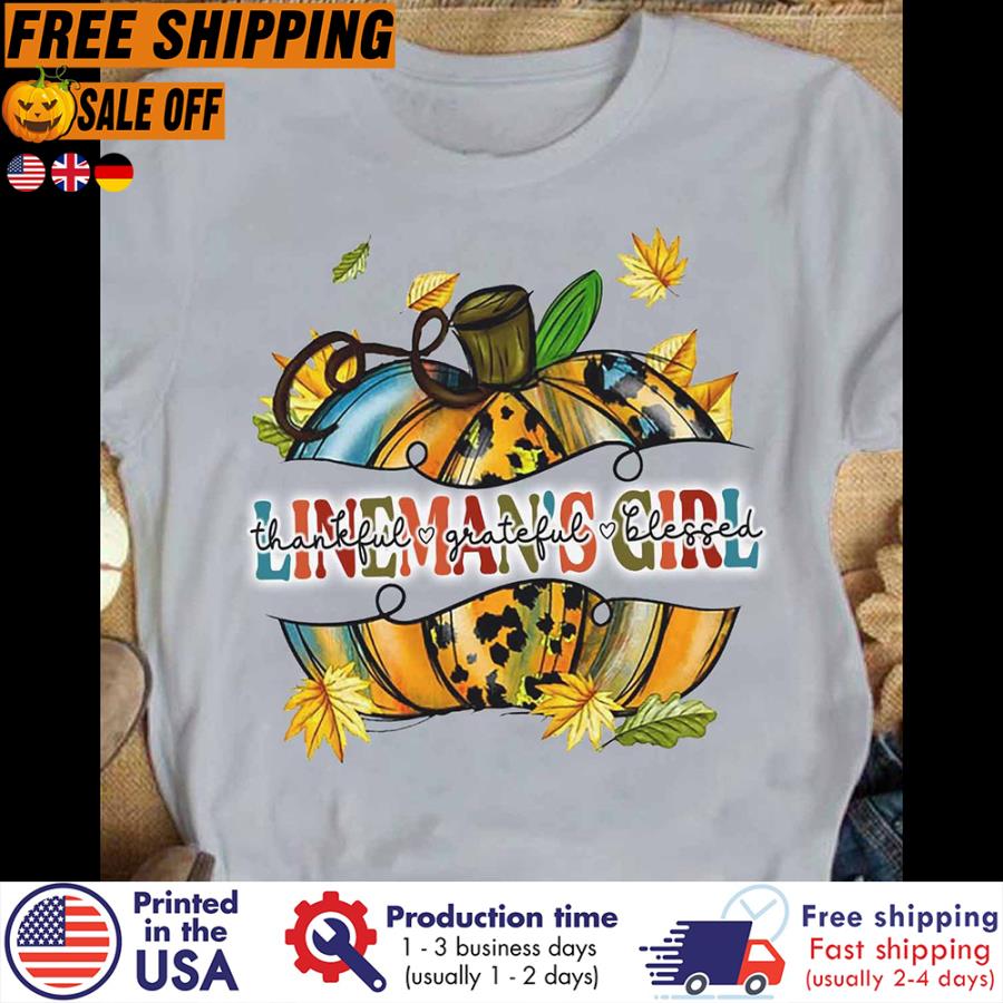 FREE SHIPING personalized linemans girl thankful grateful blessed leopard pumpkin halloween shirt