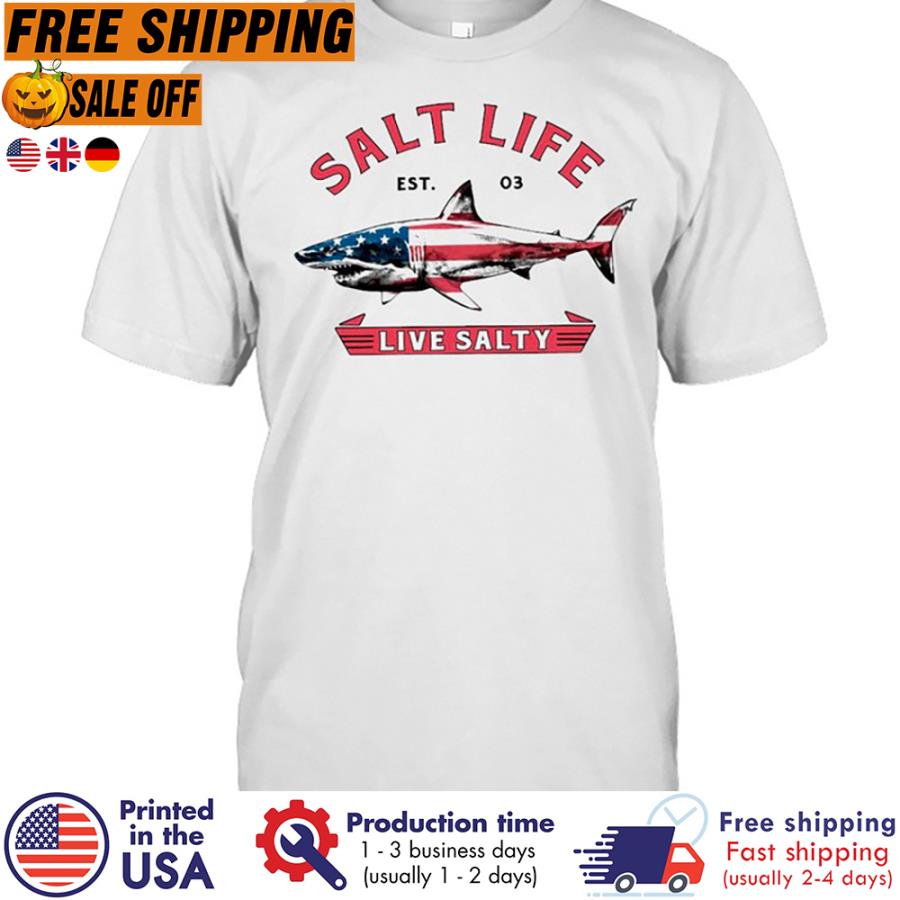 FREE SHIPING shark salt life est 03 live salty american flag shirt
