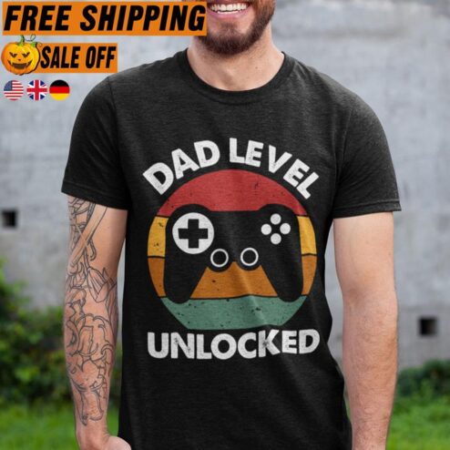 FREE SHIPPING play Dad level unlocked retro sunset vintage shirt