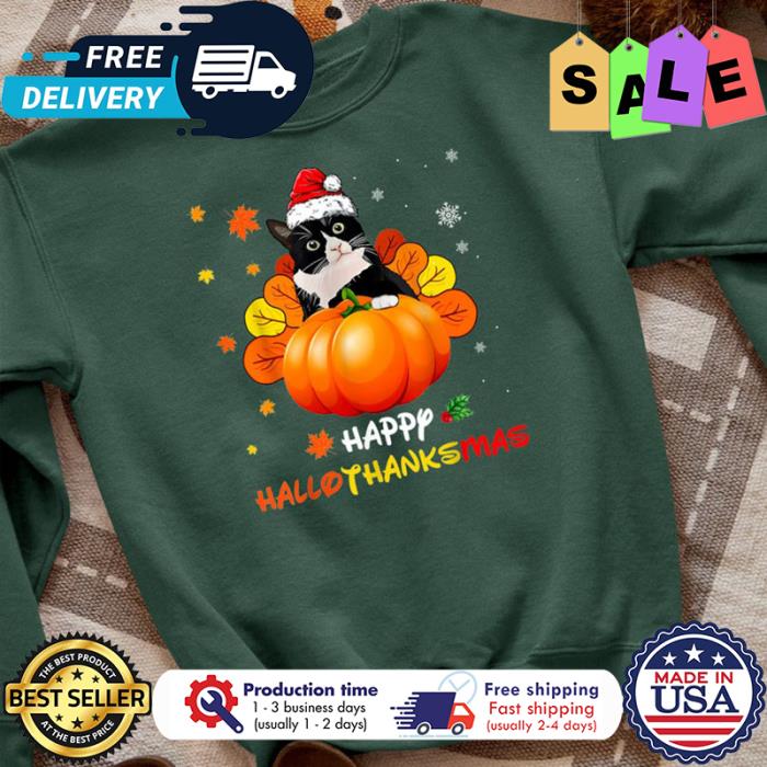 Cat happy hallothanksmas christmas thanksgiving shirt