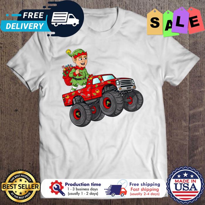 Elf Riding Monster Truck Boys Kids christmas shirt