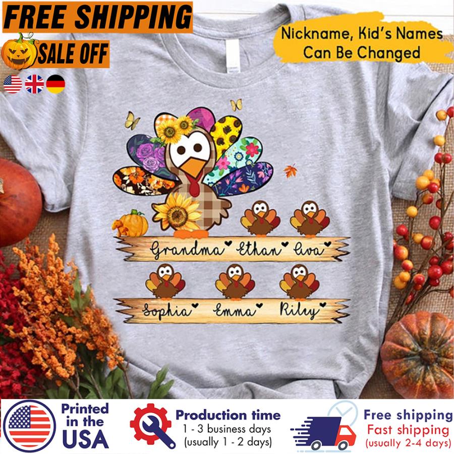 Free Shipping Personalized Buffalo Plaid Turkey Grandma Thanksgiving Custom Name Kid Shirt