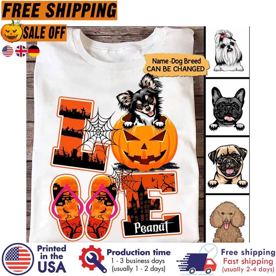 Free Shipping Personalized Dog Flip Flops Love Pumpkin Halloween Custom Name Shirt