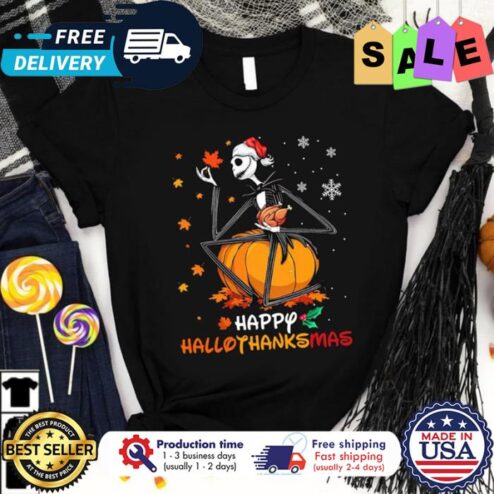 Jack Skellington pumpkin happy hallothanksmas thanksgiving halloween shirt