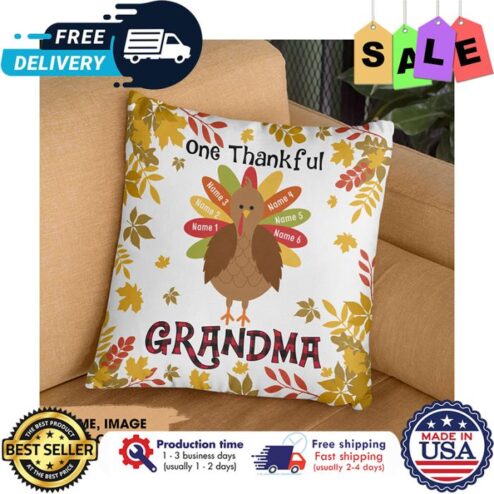 Personalized buffalo plaid turkeys one thankful Grandma custom name canvas pillow