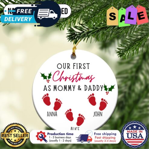 Personalized our first christmas as mommy and daddy custom name kids ornament