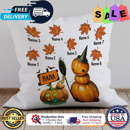 Personalized Pumpkin witch Nana halloween custom name kid canvas pillow