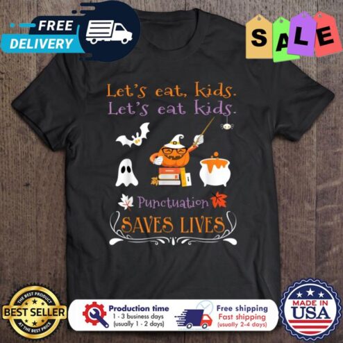 Pumpkin ghost lets cat kids punctuation saves lives halloween shirt