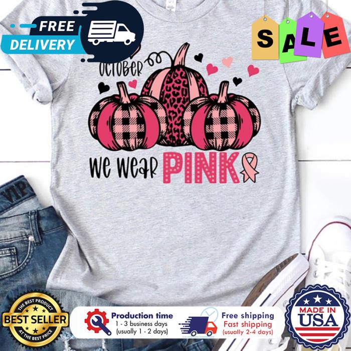 Pumpkin leopard plaid in october we wear pink breast cancer awareness shirt