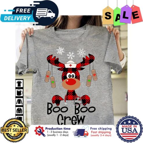 Reindeer buffalo plaid nurse boo boo crew snowflakes christmas shirt