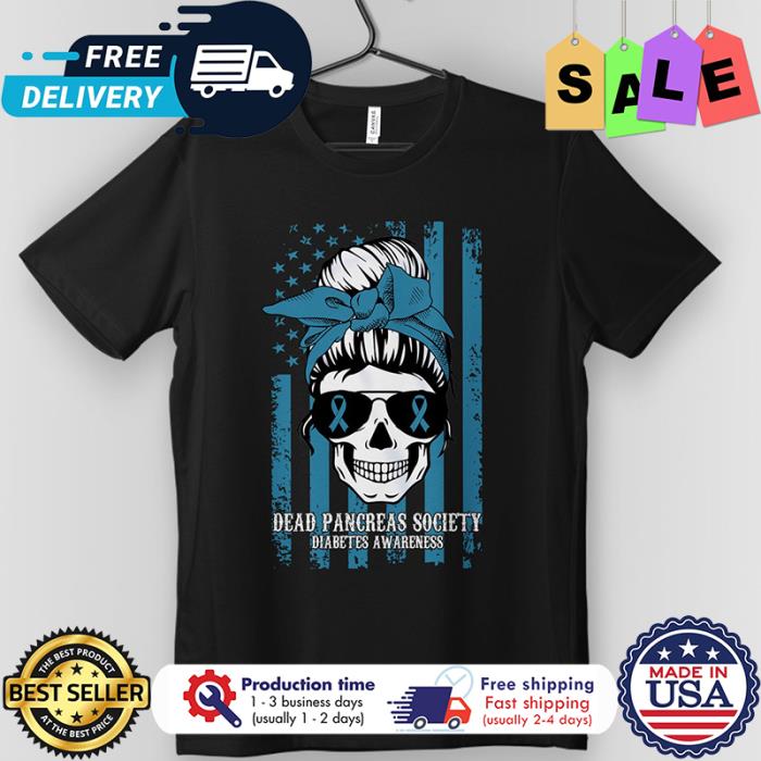 Skull messy bun dead pancreas society diabetes awareness american flag shirt