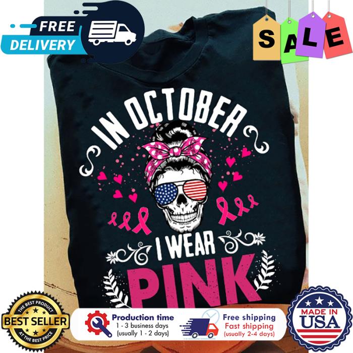 Skull messy bun in october I wear pink breast cancer awareness shirt
