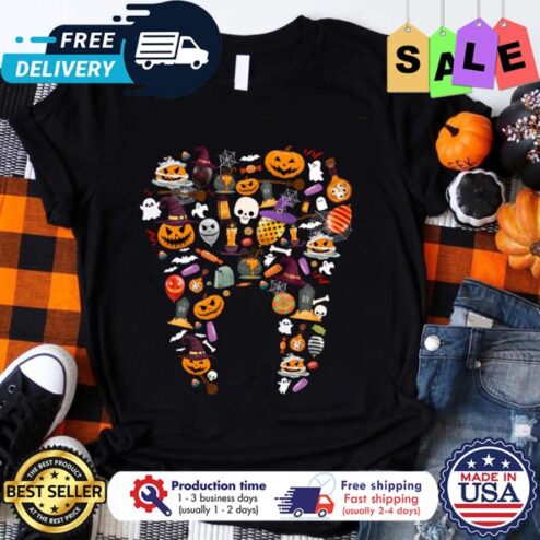 Teeth pumpkin halloween dentist dental hygienist shirt