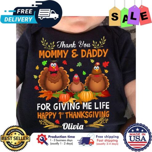 Turkeys thank you mommy and dady for giving me life happy 1st thanksgiving custom name baby suit