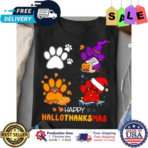 Witch turkey santa paw dog happy hallothanksmas thanksgiving shirt