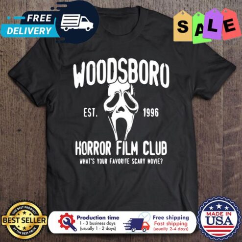 Woodsboro Horror Character Wearing Mask Horror Film Club whats your favorite scary movie halloween shirt