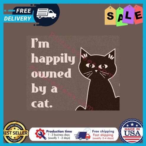 Black cat im happily owned by a cat shirt