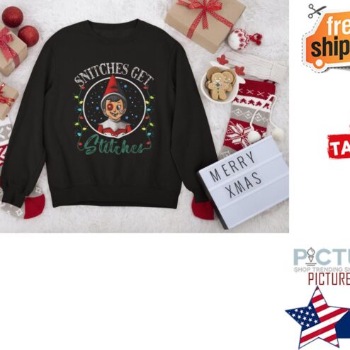 Cartoon Christmas Snitches Get Stitches Elf Xmas Shirt