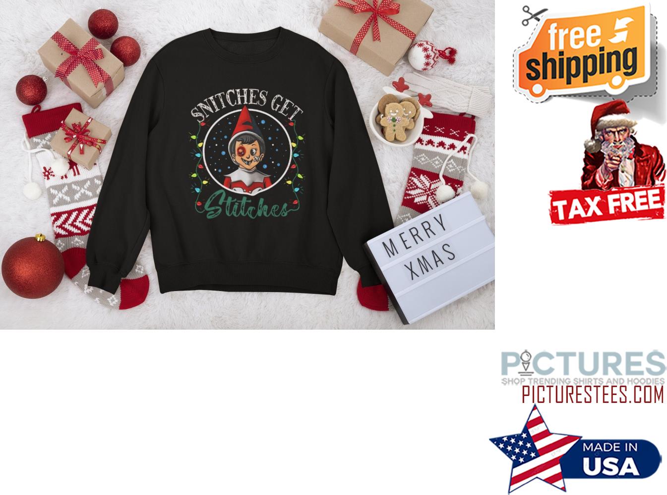 Cartoon Christmas Snitches Get Stitches Elf Xmas Sweatshirt