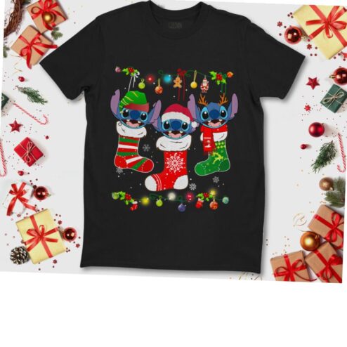Disney Stitch On Socks X-mas Lights Gift Funny Xmas Holiday T-shirt