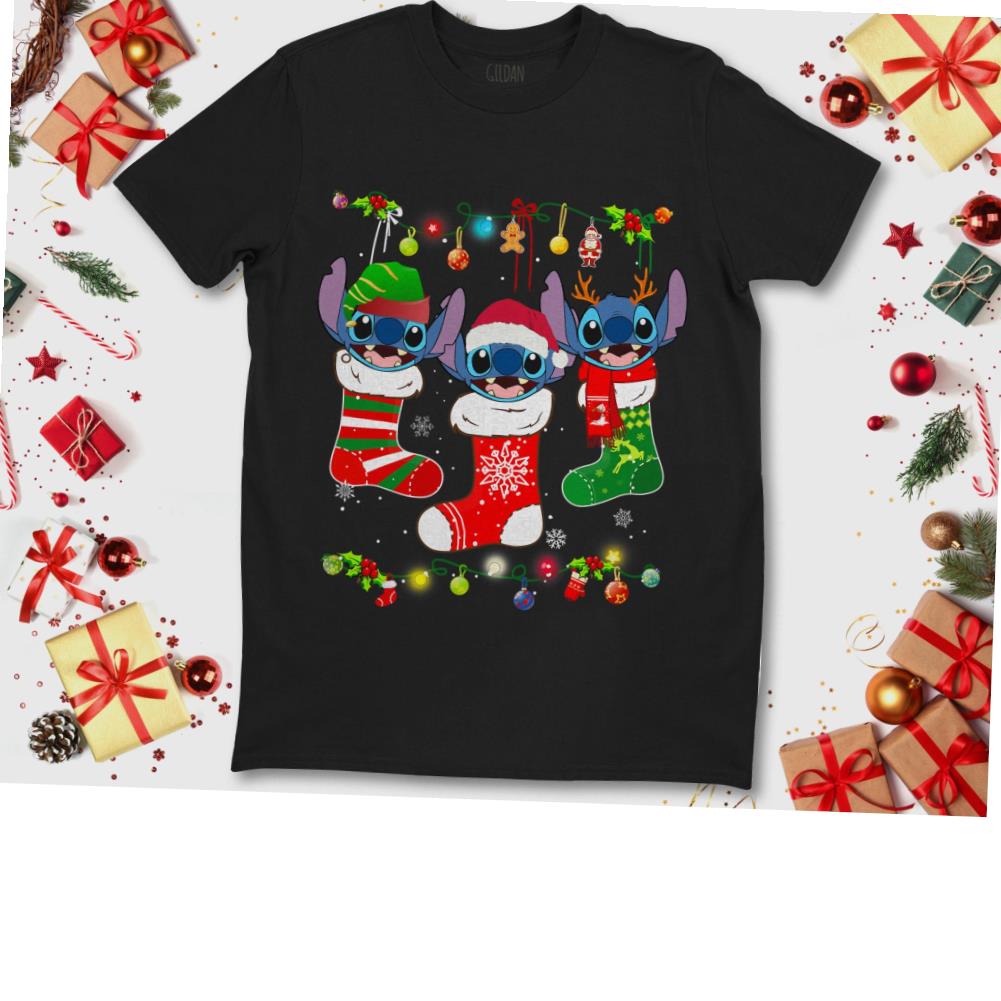 Disney Stitch On Socks X-mas Lights Gift Funny Xmas Holiday T-shirt