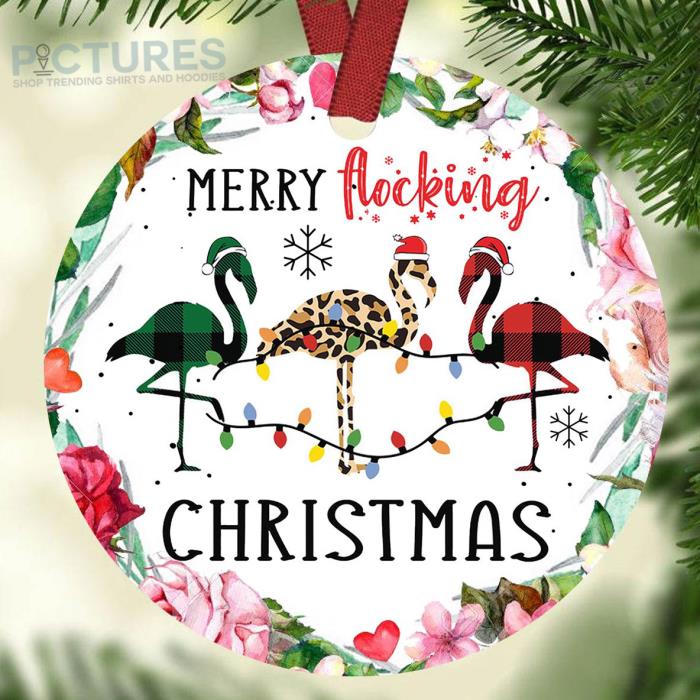 Flamingo plaid santa merry flocking christmas ornament