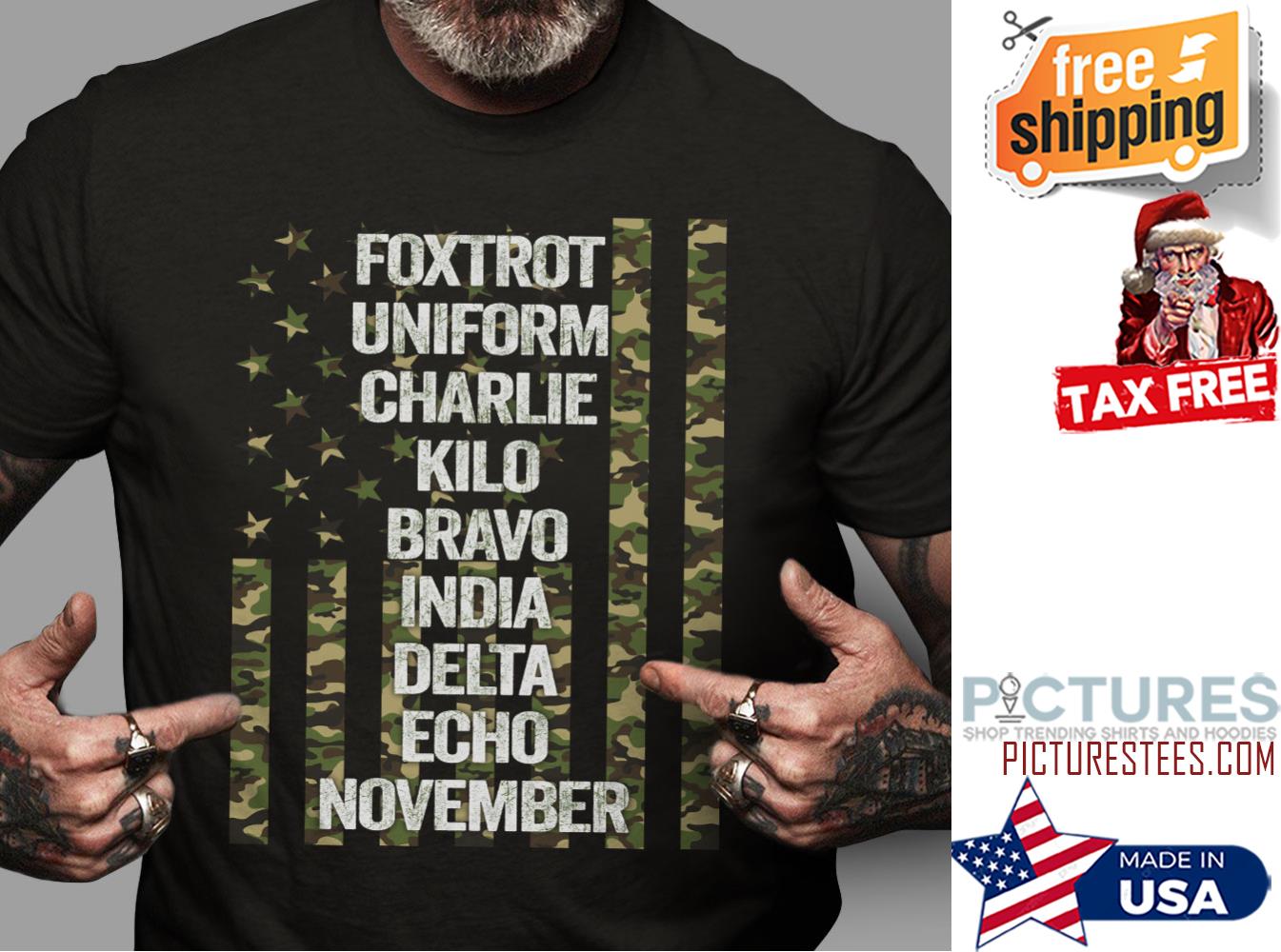 Foxtrot uniform charlie kilo bravo india delta echo November camo flag shirt