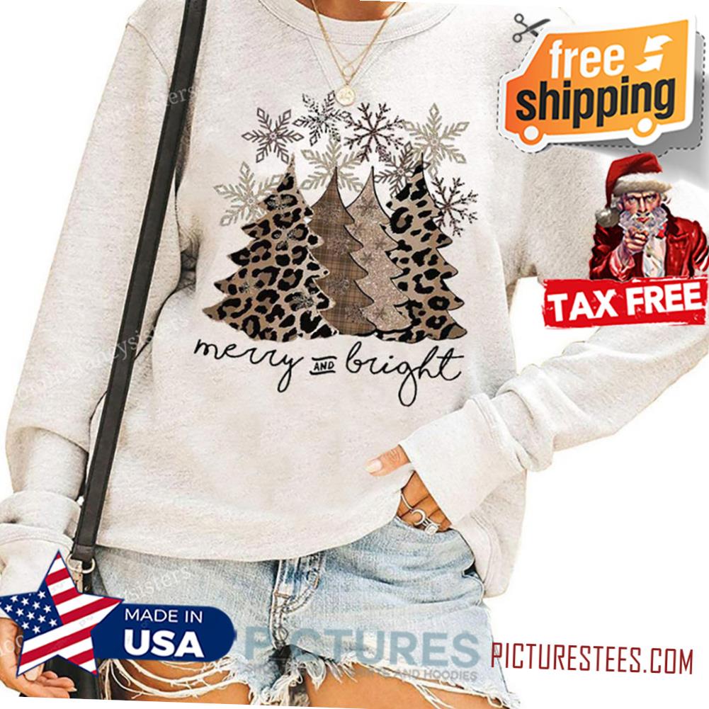 Leopard Christmas Tree Snowflake Merry and Bright Sweatshirt, Christmas tree leopard pattern shirt, merry and bright, matching shirt