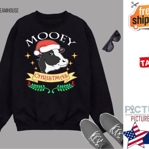 Mooey Christmas Cow Wearing Santa Hat Cute Graphic Sweater