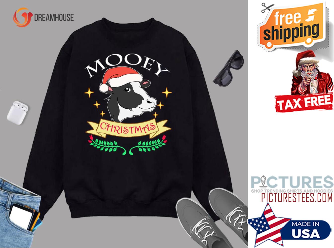 Mooey Christmas Cow Wearing Santa Hat Cute Graphic Sweater
