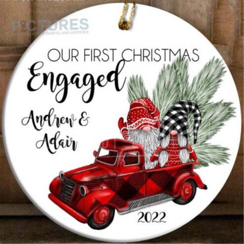 Personalized Gnome truck vintage our first christmas engaged 2022 custom name ornament