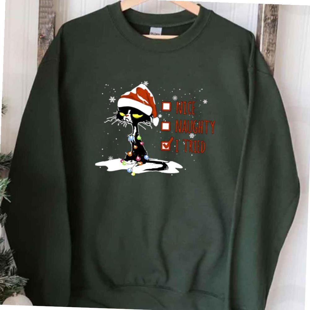 Santa Black Cat Nice Naughty I Tried X-mas T-shirt