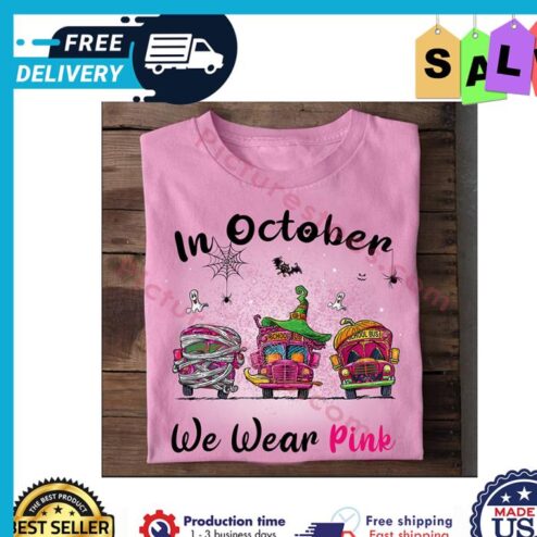 School bus in october we wear pink halloween christmas shirt