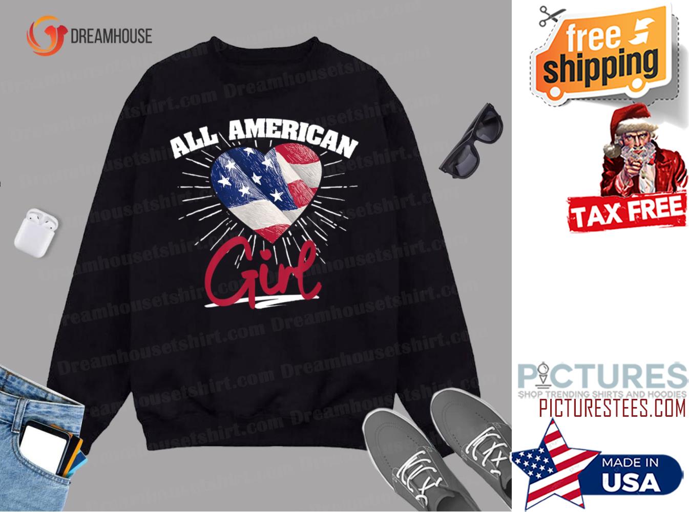 America Flag Patriots Labor Day All American Girl Heart Sweatshirt