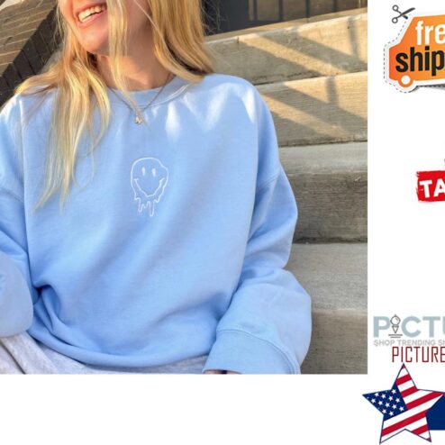 Blue Drippy Smiley Embroidered Crewneck Sweater