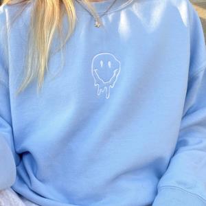 FREE shipping Blue Drippy Smiley Embroidered Crewneck Sweater