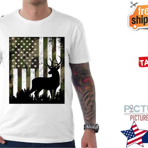 Camo American Flag Deer Elk Buck Hunting USA Hunter Shirt