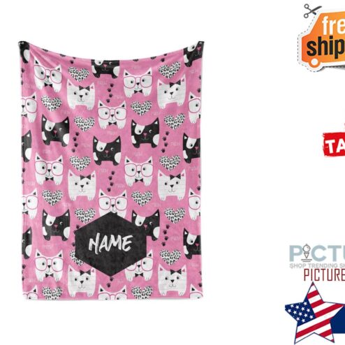 Cat Pattern Theme Personalized Fleece and Sherpa Blanket