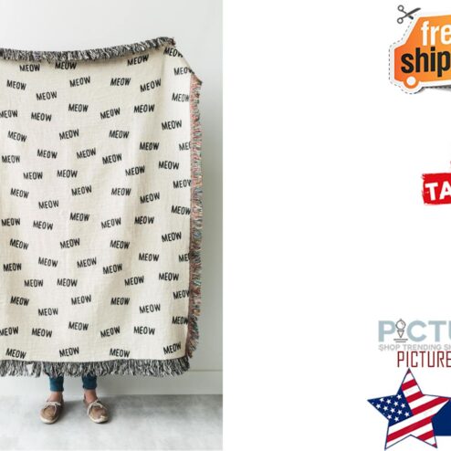 Cat Throw Blanket MEOW Black and Off White Throws for Cat Room Decor, Dorm Blankets