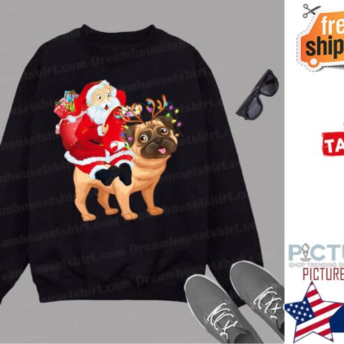 Christmas Santa Claus Riding Pug Xmas Boys Girls Pugmas Dog Premium Shirt