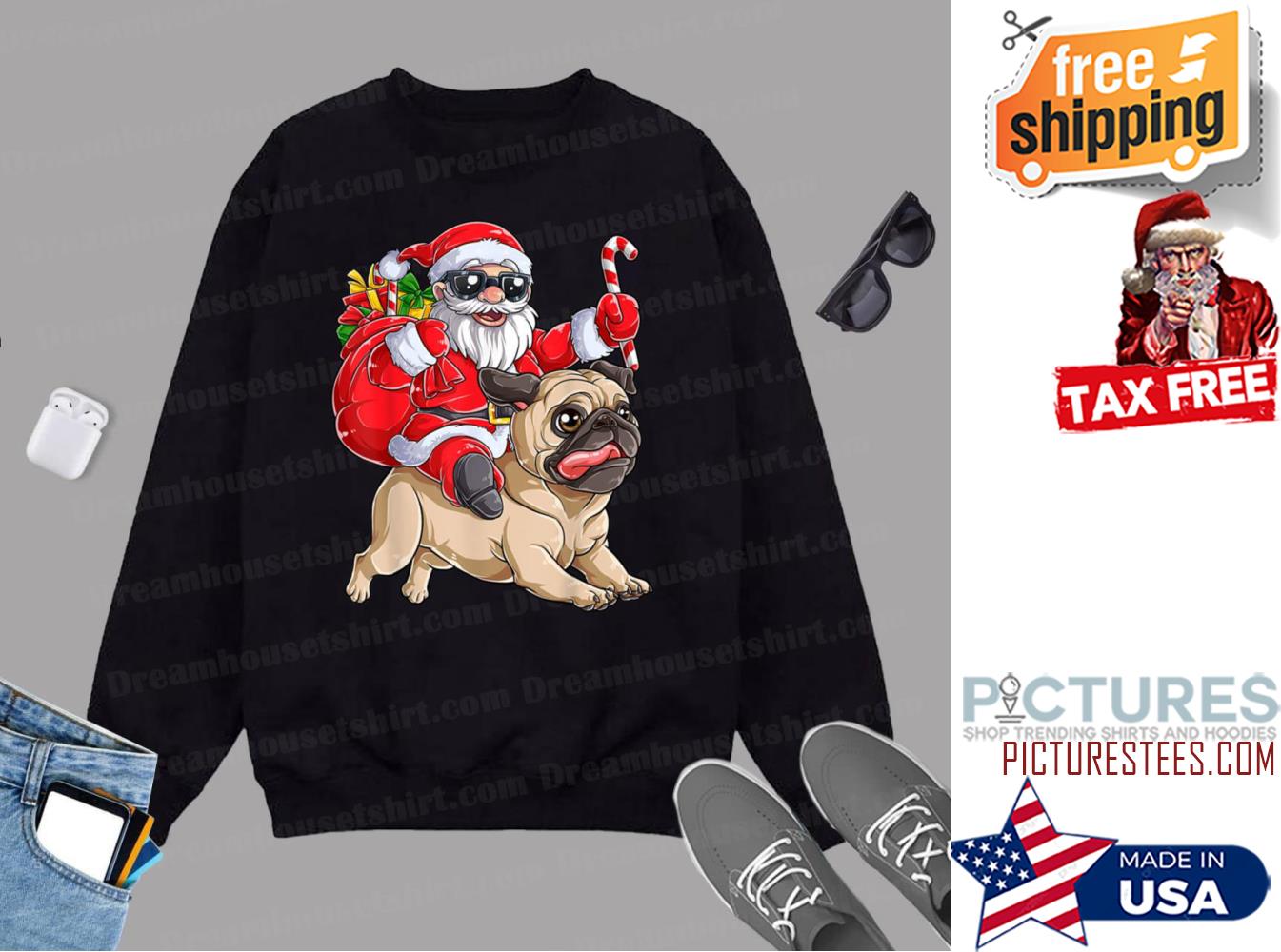 Christmas Santa Claus Riding Pug Xmas Boys Men Pugmas Dog Sweatshirt