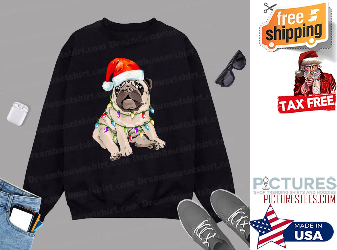 Christmas Santa Pug Pugmas Dog Lover Christmas Lights Xmas Shirt