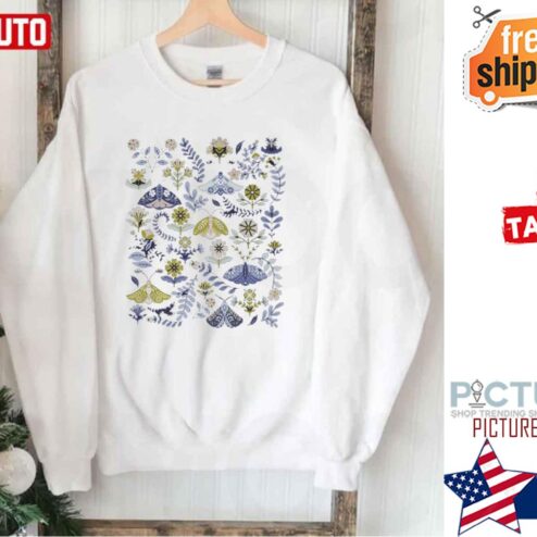 Cottagecore Blue Butterflies Flowes Scandinavian Folk Art Shirt