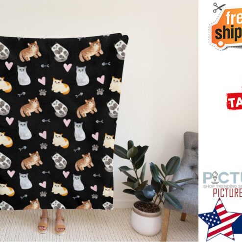Cute cats Plush Blanket with pink hearts, cat paws and fish bones, cat lady Blanket