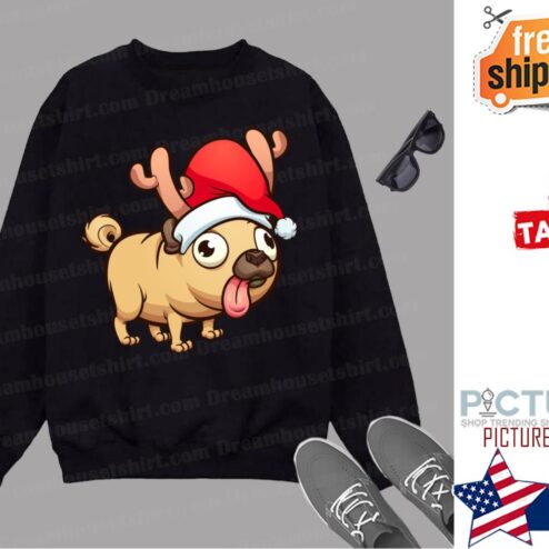 Cute Santas Hat Pug Reindeer Pugmas Dog Pugs Christmas Gift Shirt