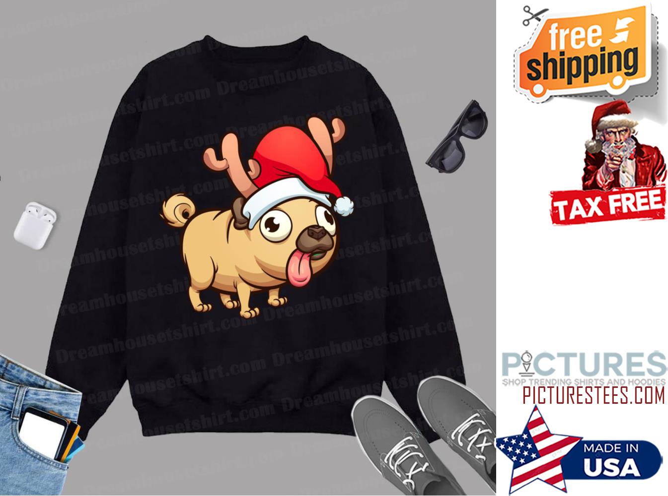 Cute Santas Hat Pug Reindeer Pugmas Dog Pugs Christmas Gift Sweatshirt