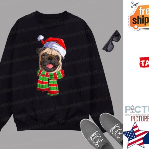 Funny Christmas Xmas Pug Mops Pugmas Dog Santa Hat Scarf Shirt