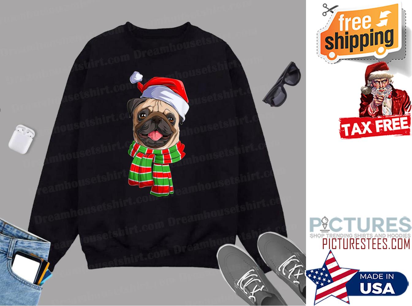 Funny Christmas Xmas Pug Mops Pugmas Dog Santa Hat Scarf Sweatshirt