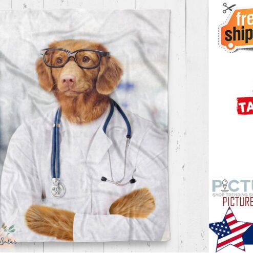 Funny Doctor Dog Cozy Blanket, Custom Pet Photo Throw Blanket, Personalized Gift for Dog Owner Blanket