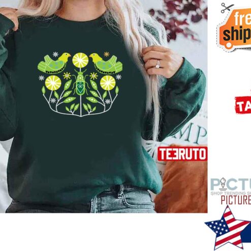 Green Birds Scandinavian Folk Art Nordic Shirt
